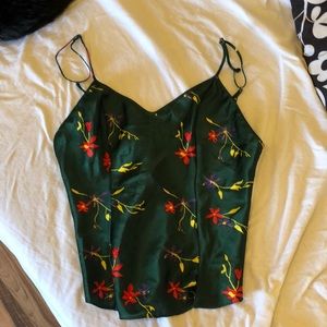 green and floral silk top